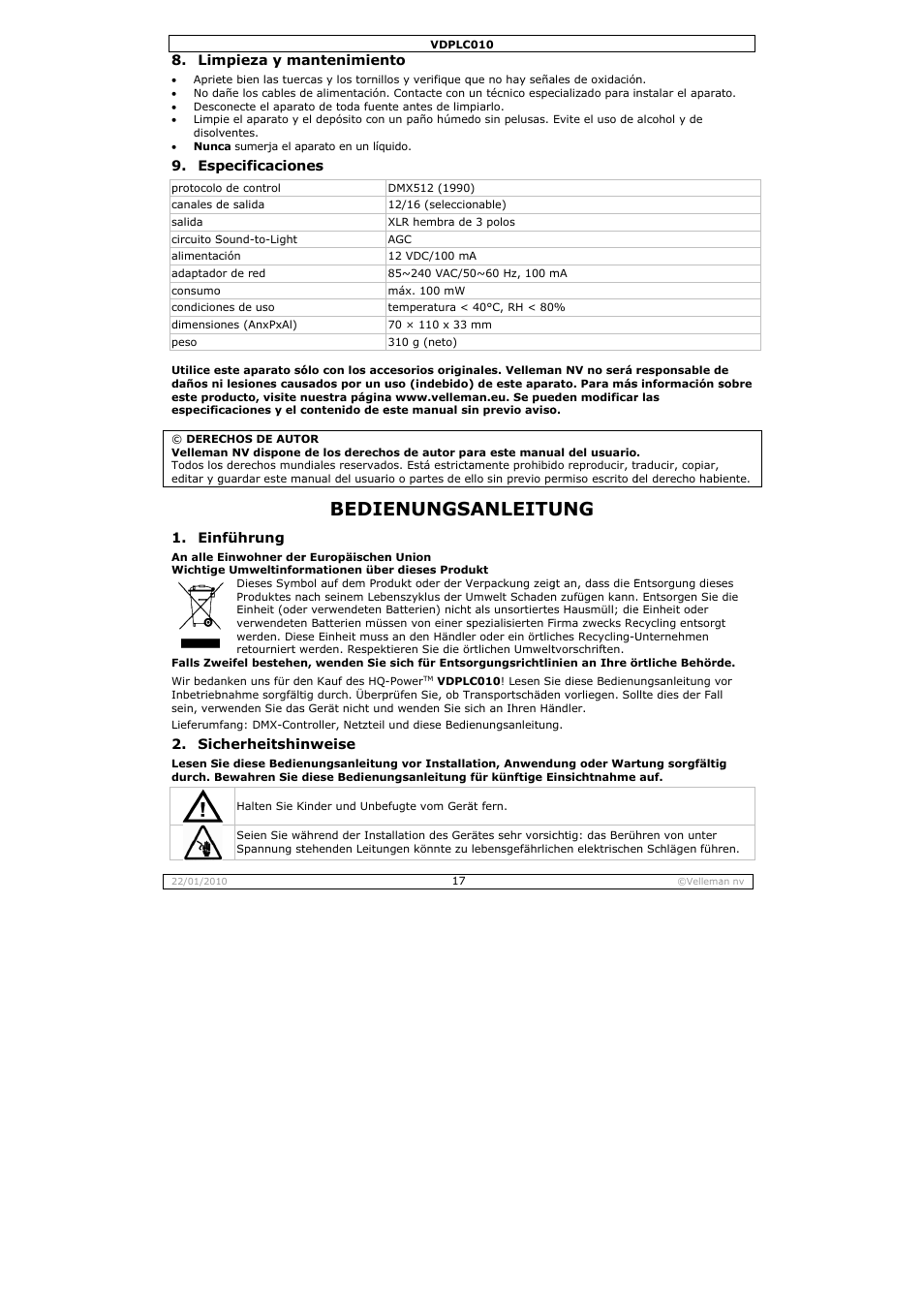 Bedie, Enungs, Anleitu | Velleman VDPLC010 User Manual | Page 17 / 23
