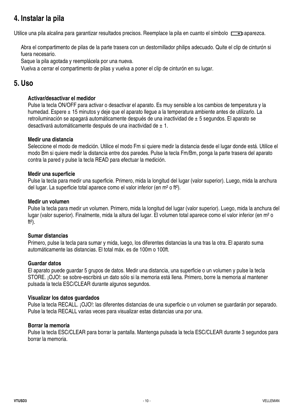 Instalar la pila | Velleman VTUSD3 User Manual | Page 10 / 22