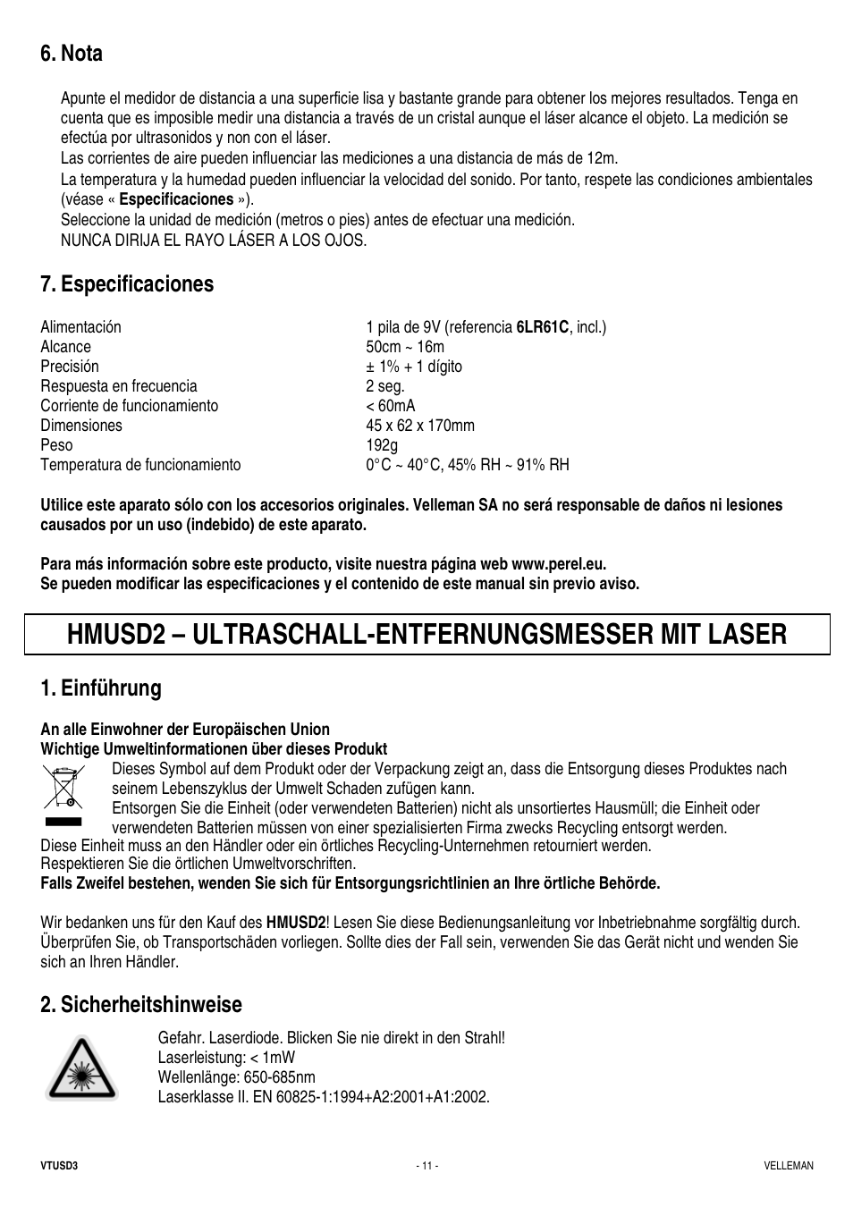 Hmusd2 – ultraschall-entfernungsmesser mit laser, Nota, Especificaciones | Einführung, Sicherheitshinweise | Velleman VTUSD3 User Manual | Page 11 / 22