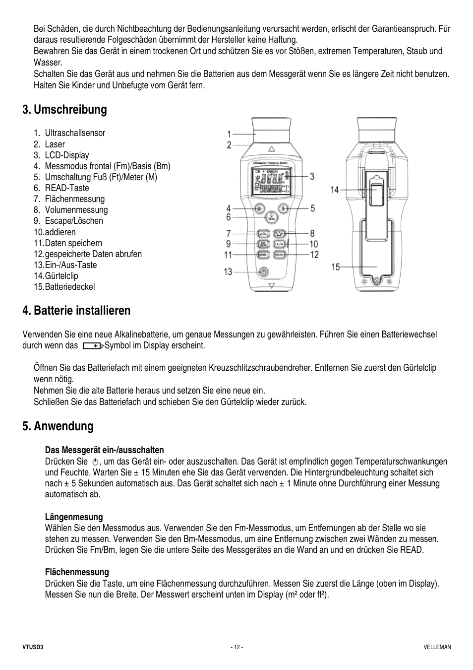 Umschreibung, Batterie installieren, Anwendung | Velleman VTUSD3 User Manual | Page 12 / 22