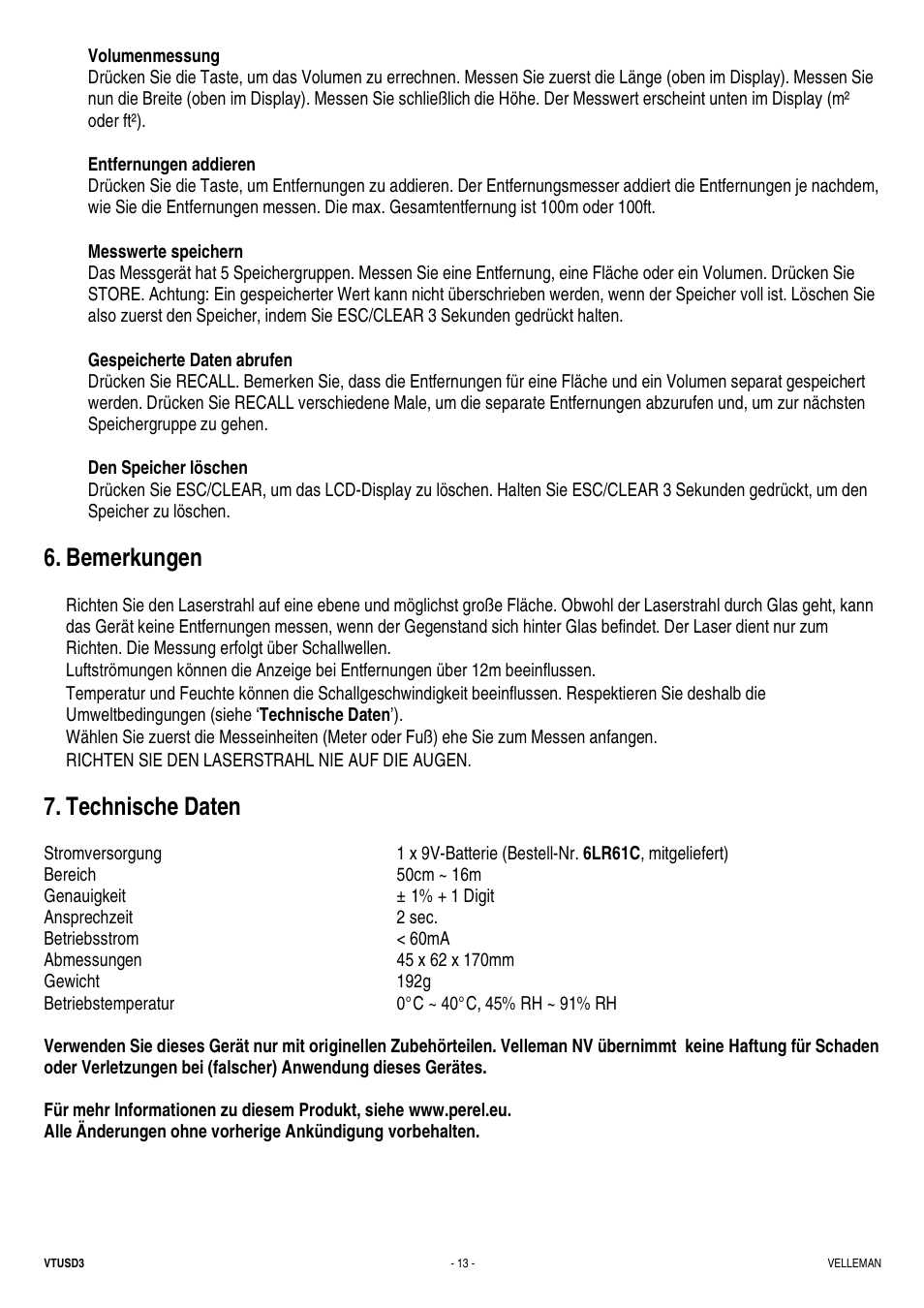 Bemerkungen, Technische daten | Velleman VTUSD3 User Manual | Page 13 / 22