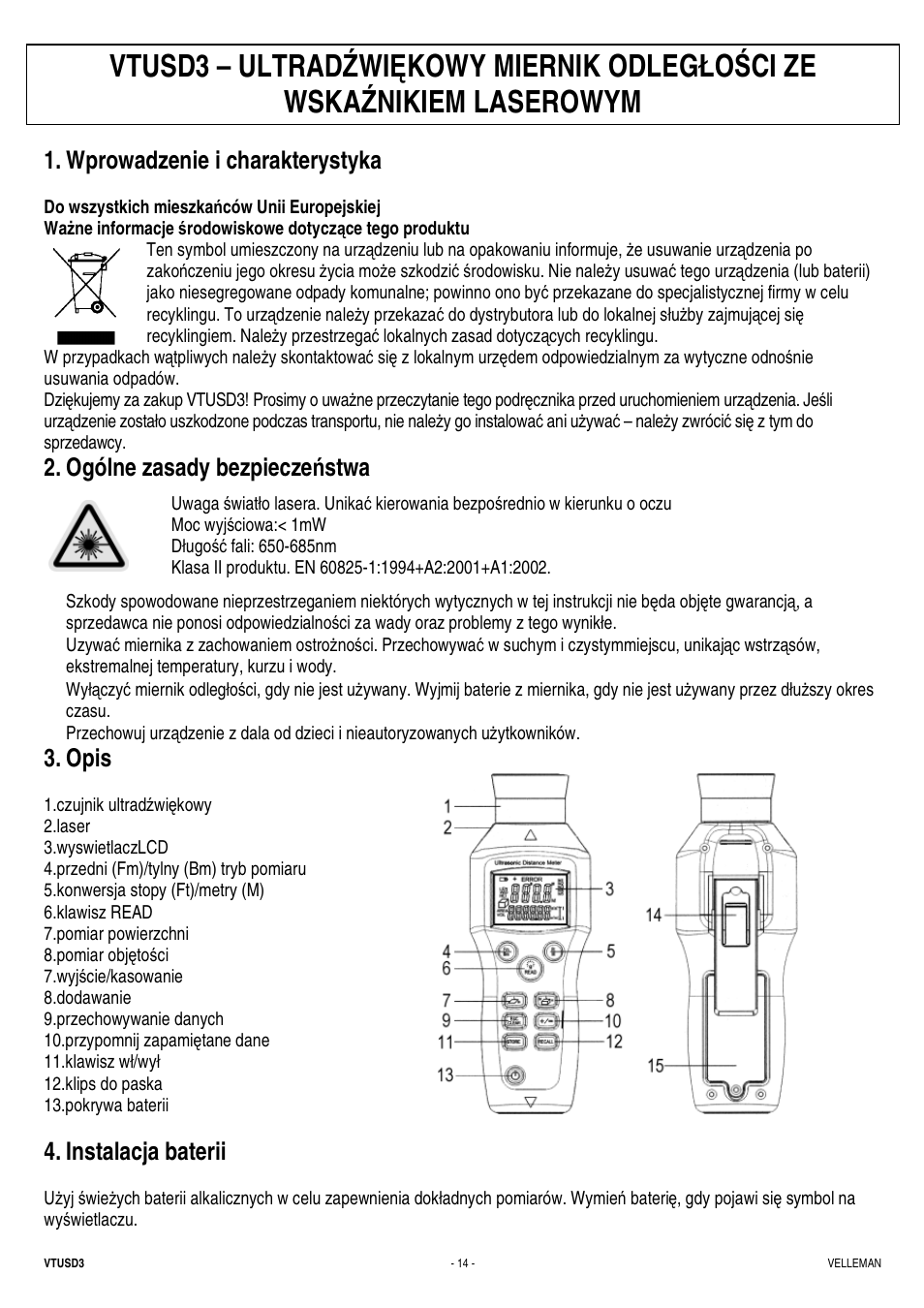 Wprowadzenie i charakterystyka, Ogólne zasady bezpiecze ń stwa, Opis | Instalacja baterii | Velleman VTUSD3 User Manual | Page 14 / 22