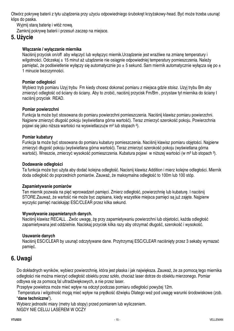 U ŝ ycie, Uwagi | Velleman VTUSD3 User Manual | Page 15 / 22