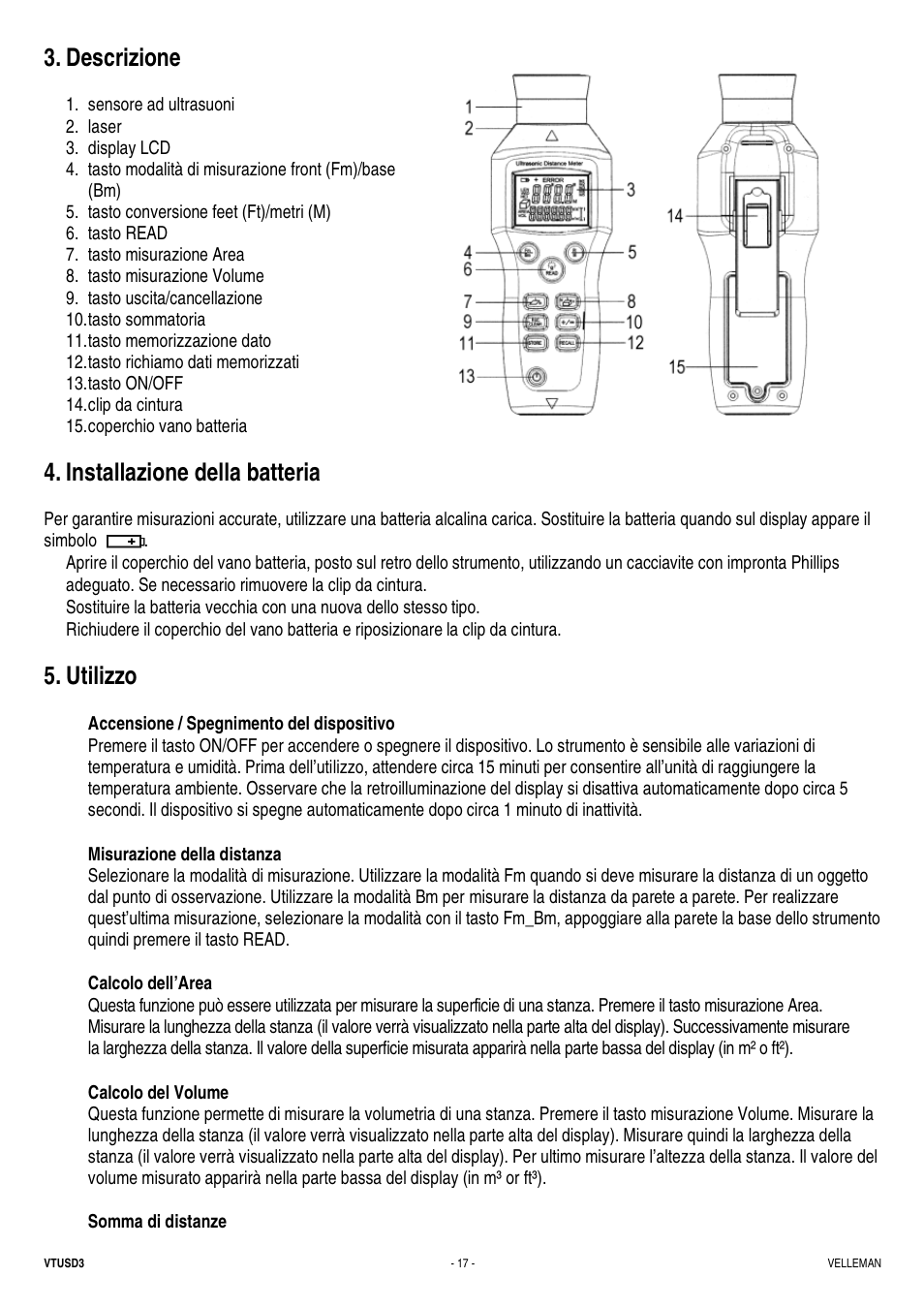 Descrizione, Installazione della batteria, Utilizzo | Velleman VTUSD3 User Manual | Page 17 / 22