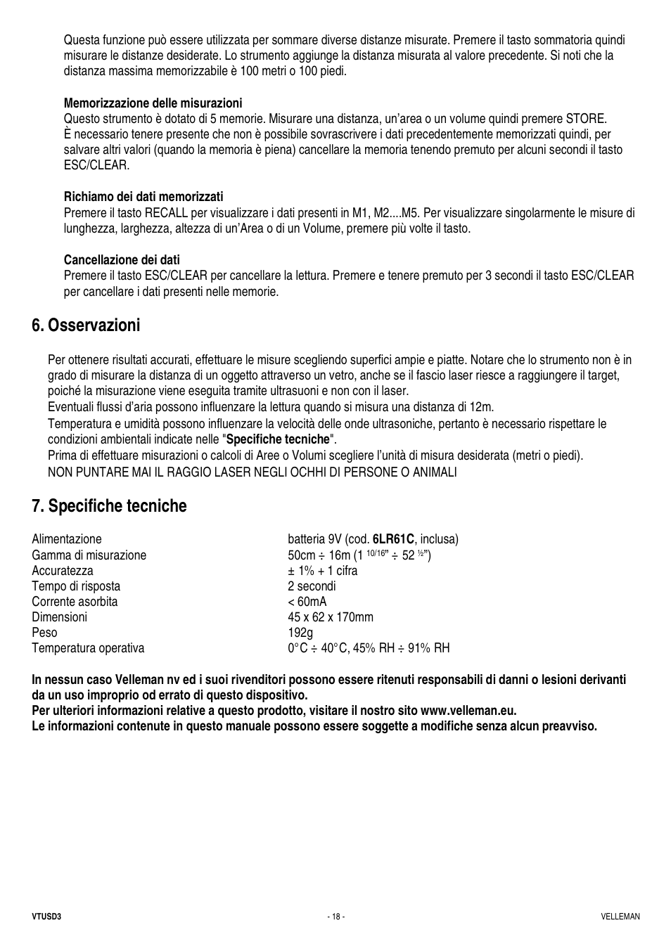 Osservazioni, Specifiche tecniche | Velleman VTUSD3 User Manual | Page 18 / 22