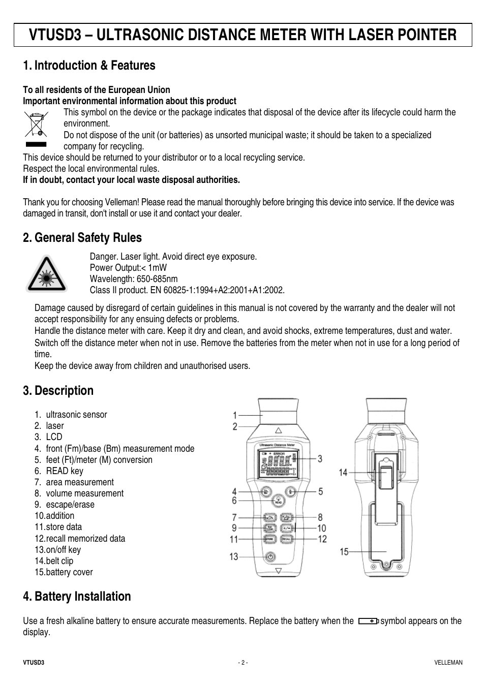 Introduction & features, General safety rules, Description | Battery installation | Velleman VTUSD3 User Manual | Page 2 / 22