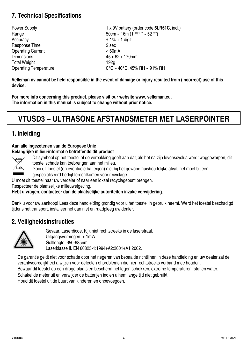 Vtusd3 – ultrasone afstandsmeter met laserpointer, Technical specifications, Inleiding | Veiligheidsinstructies | Velleman VTUSD3 User Manual | Page 4 / 22