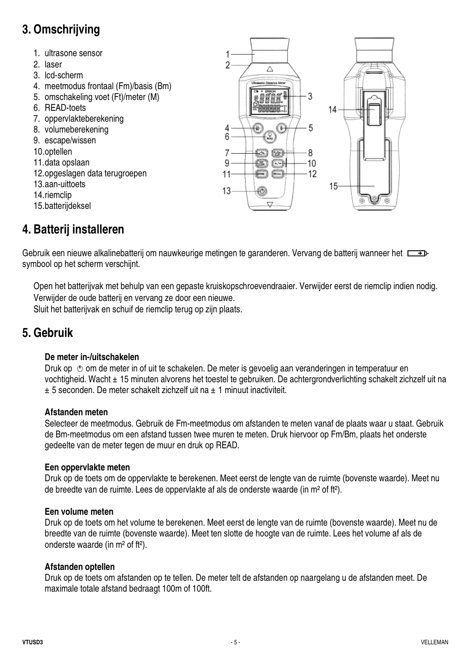 Omschrijving, Batterij installeren, Gebruik | Velleman VTUSD3 User Manual | Page 5 / 22