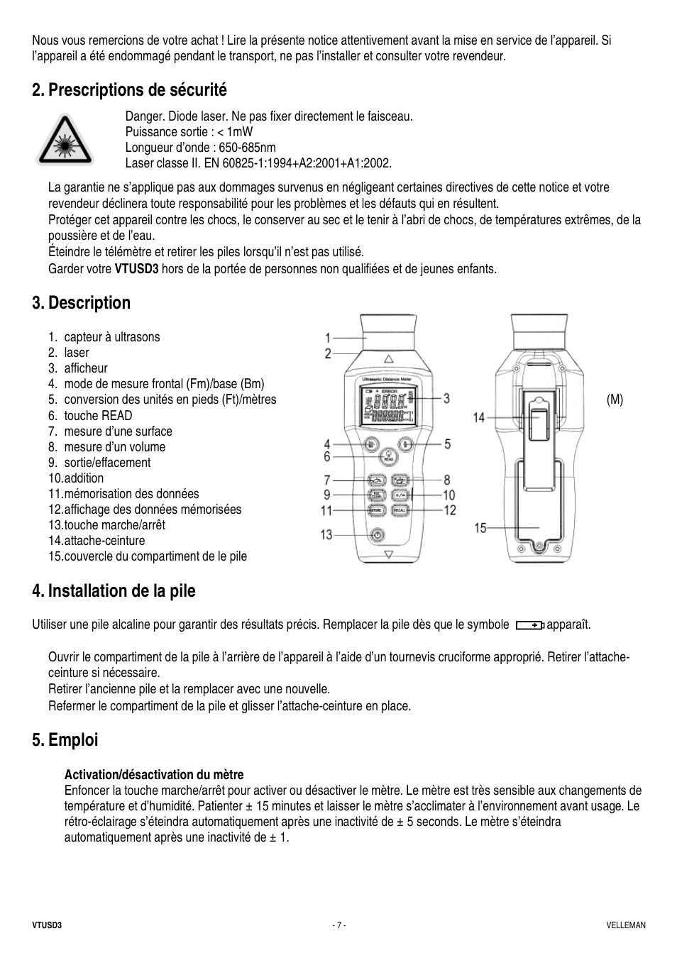Prescriptions de sécurité, Description, Installation de la pile | Emploi | Velleman VTUSD3 User Manual | Page 7 / 22