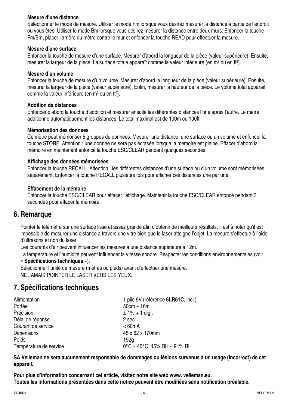 Remarque, Spécifications techniques | Velleman VTUSD3 User Manual | Page 8 / 22