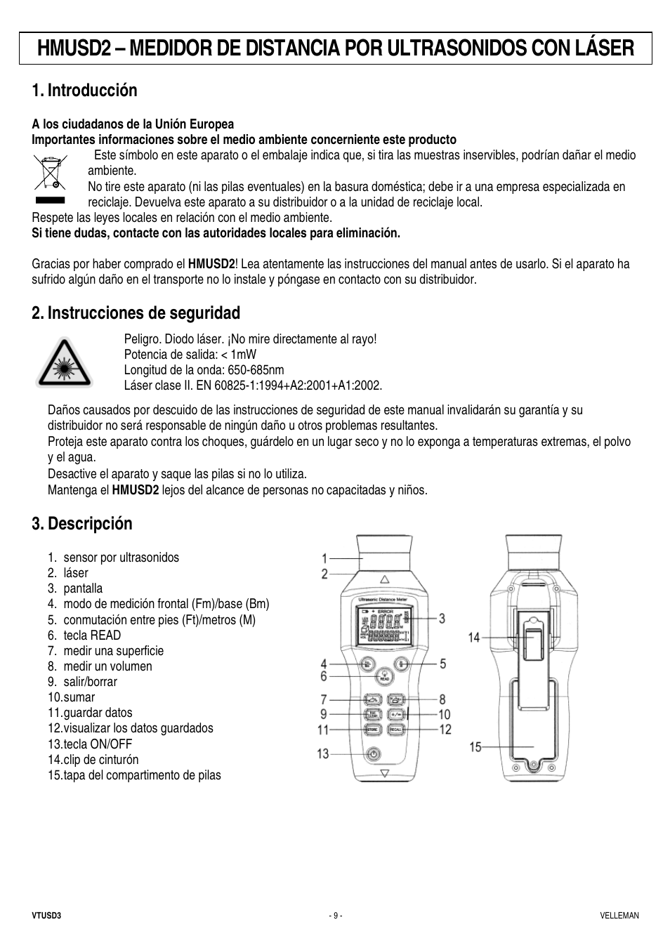 Introducción, Instrucciones de seguridad, Descripción | Velleman VTUSD3 User Manual | Page 9 / 22