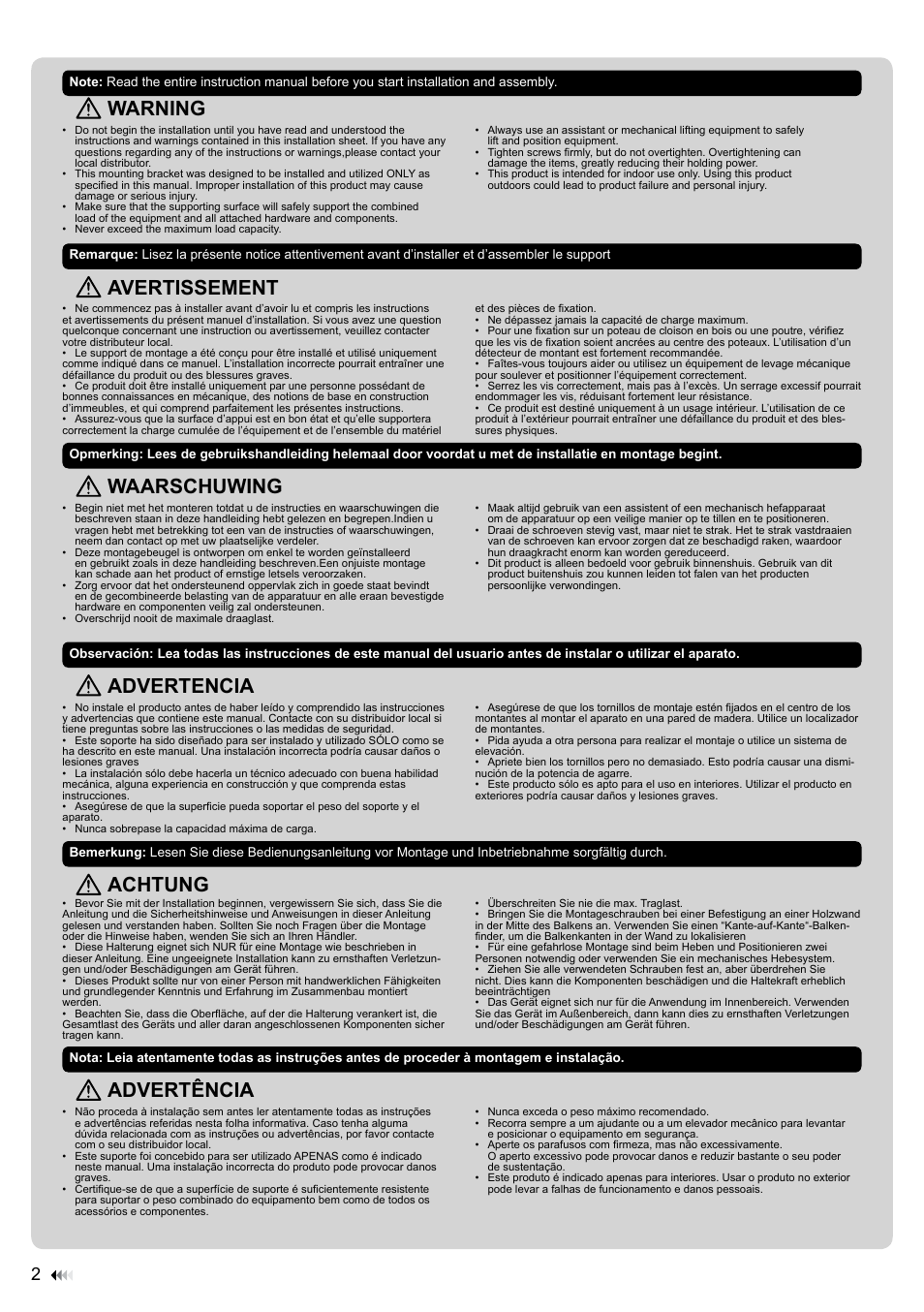 Warning, Avertissement, Waarschuwing | Advertencia, Achtung, Advertência | Velleman WBA02 User Manual | Page 2 / 8