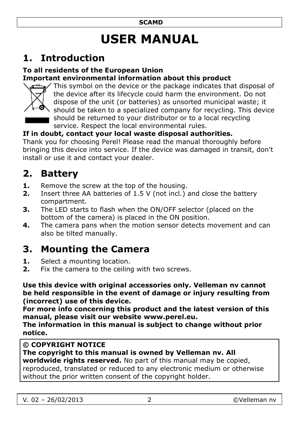 User manual, Introduction, Battery | Mounting the camera | Velleman SCAMD User Manual | Page 2 / 11