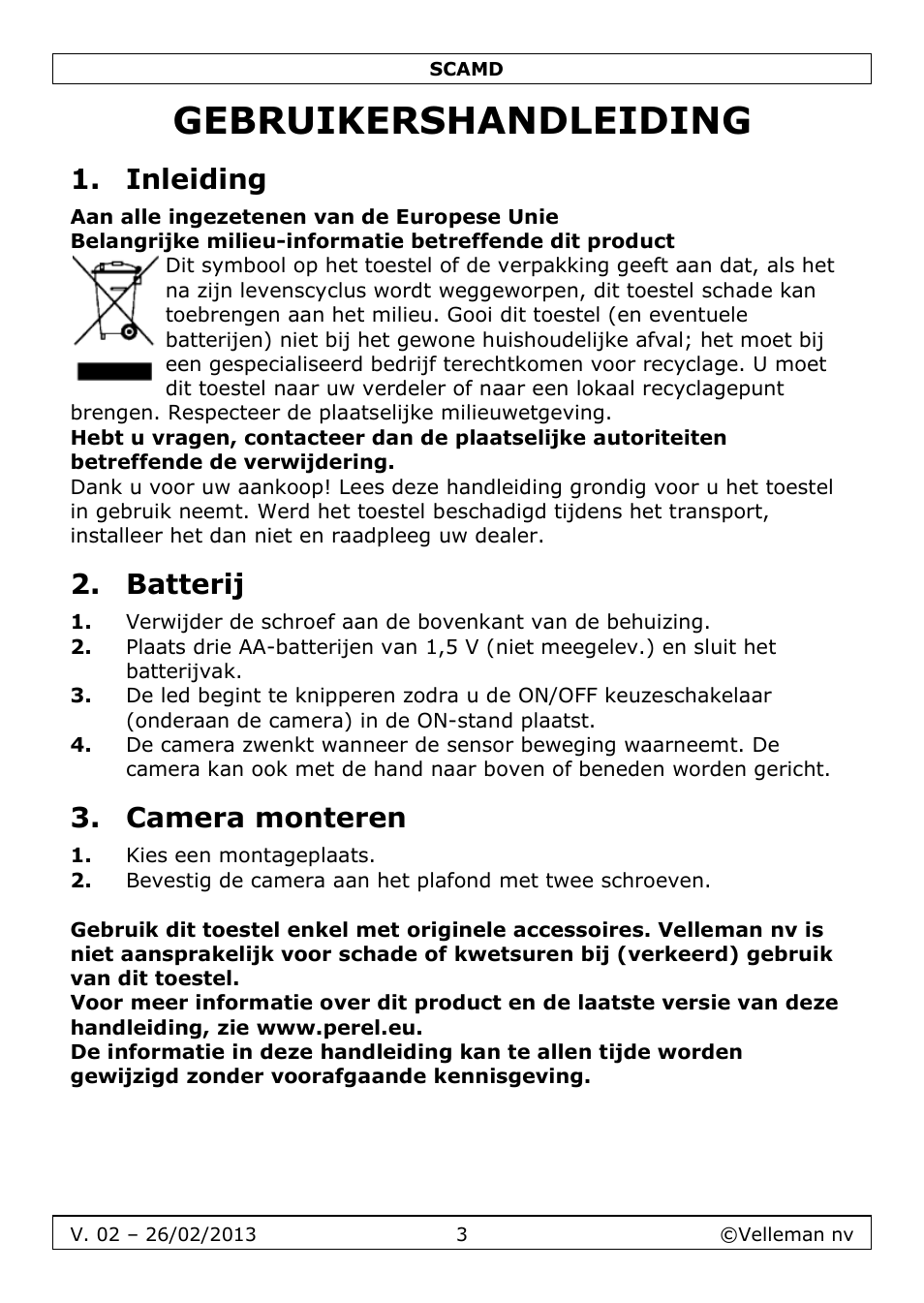 Gebruikershandleiding, Inleiding, Batterij | Camera monteren | Velleman SCAMD User Manual | Page 3 / 11