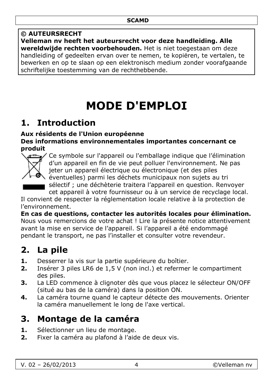 Mode d'emploi, Introduction, La pile | Montage de la caméra | Velleman SCAMD User Manual | Page 4 / 11