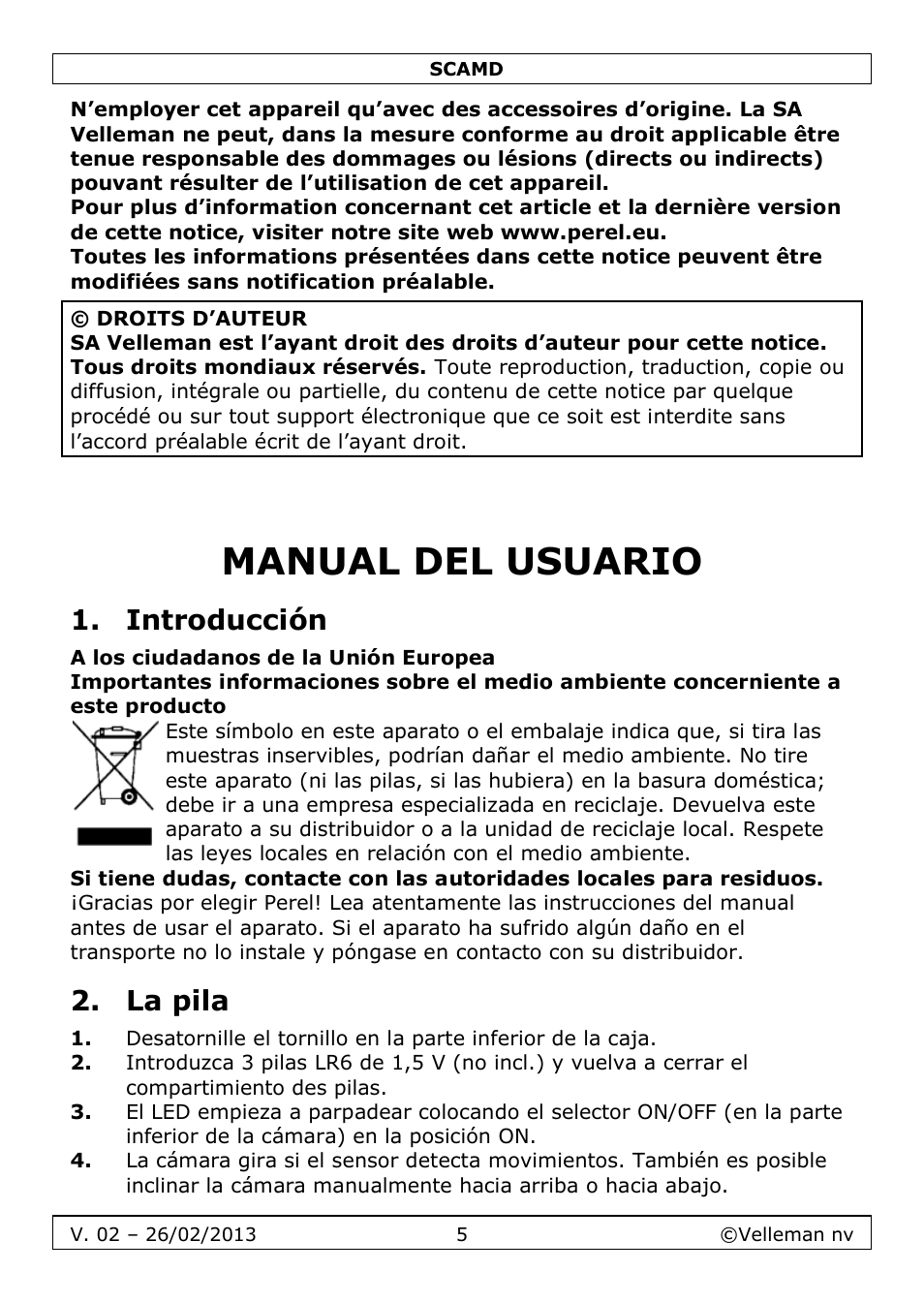 Manual del usuario, Introducción, La pila | Velleman SCAMD User Manual | Page 5 / 11