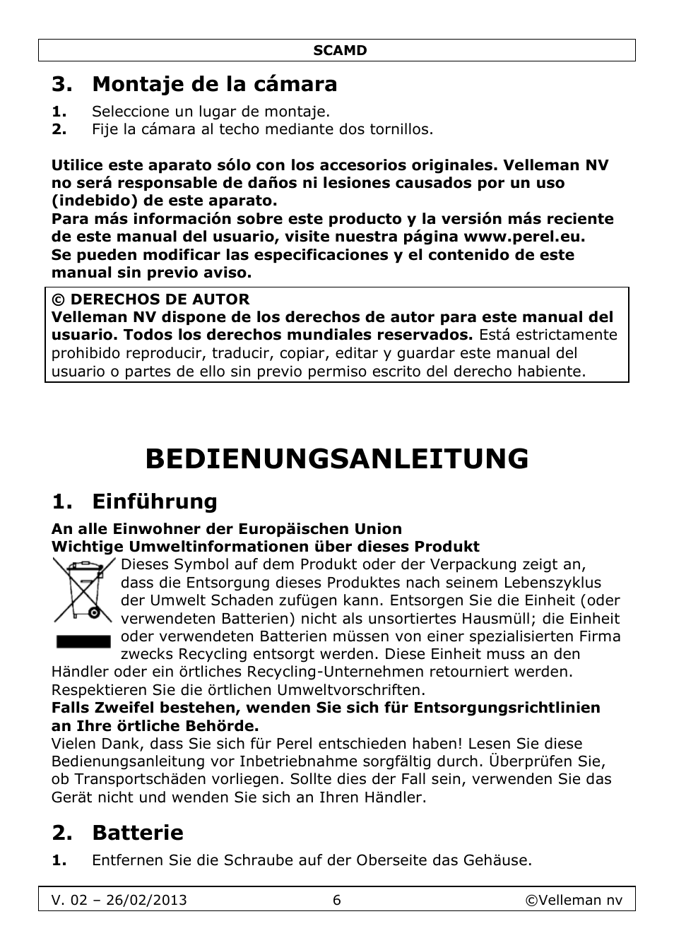 Montaje de la cámara, Bedienungsanleitung, Einführung | Batterie | Velleman SCAMD User Manual | Page 6 / 11