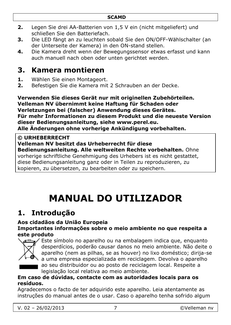 Kamera montieren, Manual do utilizador, Introdução | Velleman SCAMD User Manual | Page 7 / 11