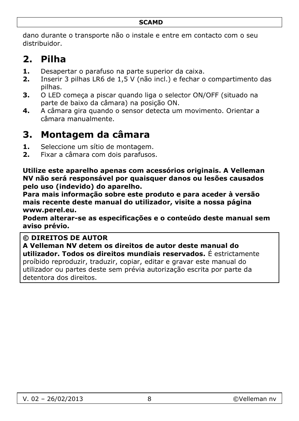 Pilha, Montagem da câmara | Velleman SCAMD User Manual | Page 8 / 11