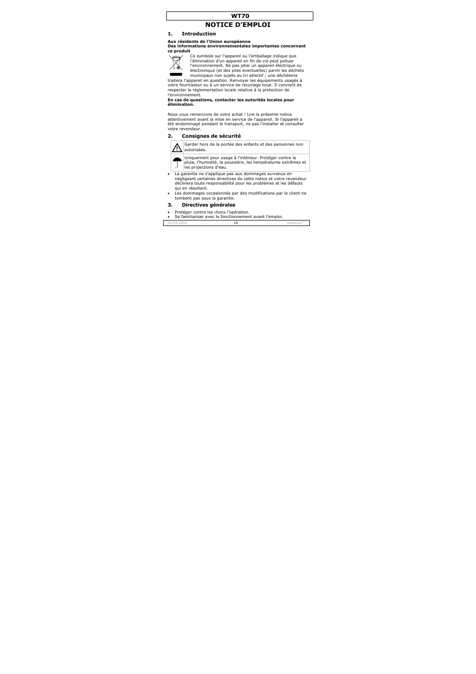 Notice d’emploi | Velleman WT70 User Manual | Page 10 / 33