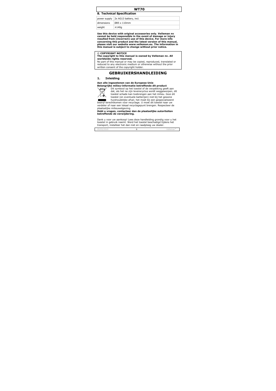 Gebruikershandleiding | Velleman WT70 User Manual | Page 6 / 33