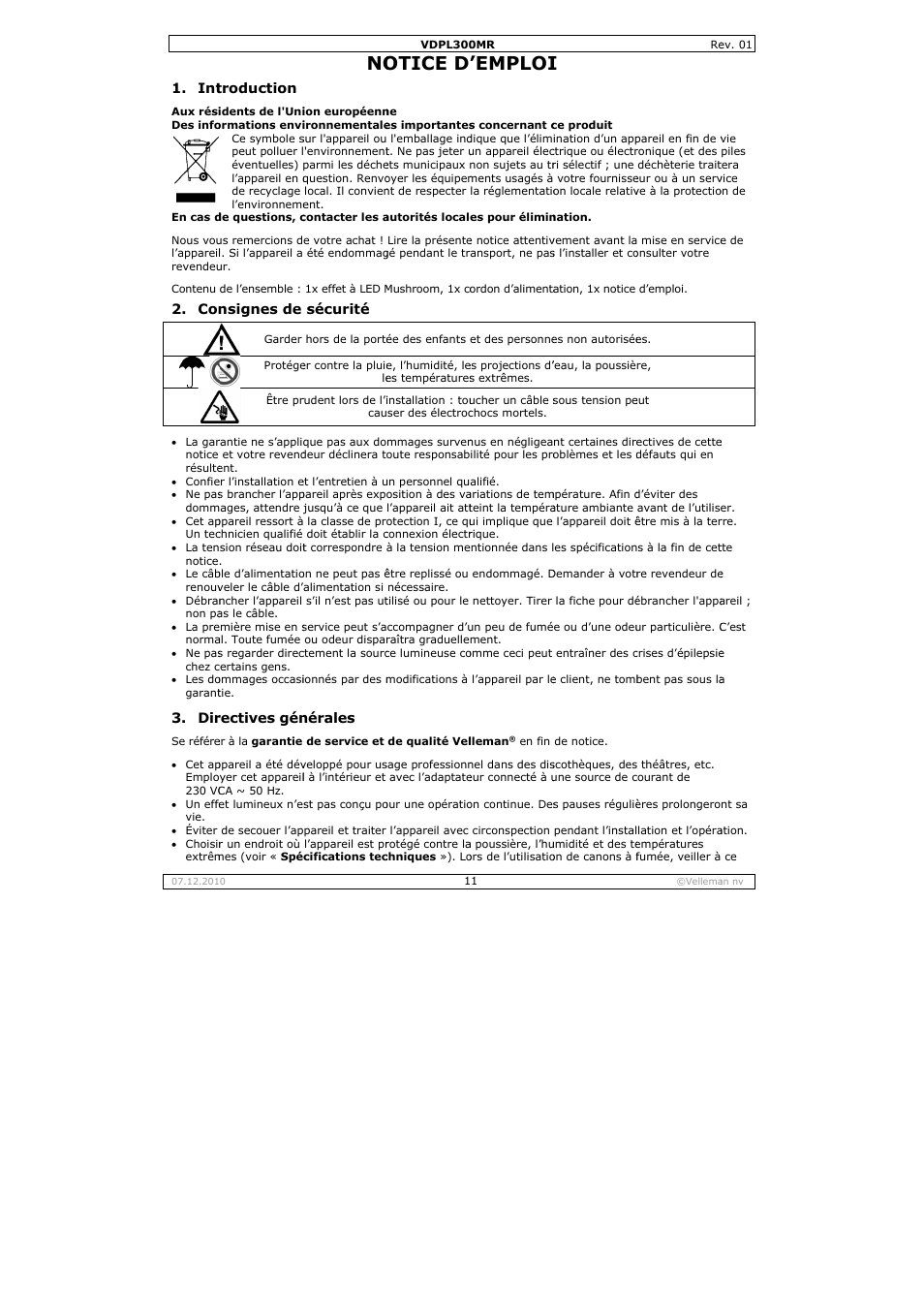 Otice d, Emploi | Velleman VDPL300MR User Manual | Page 11 / 23