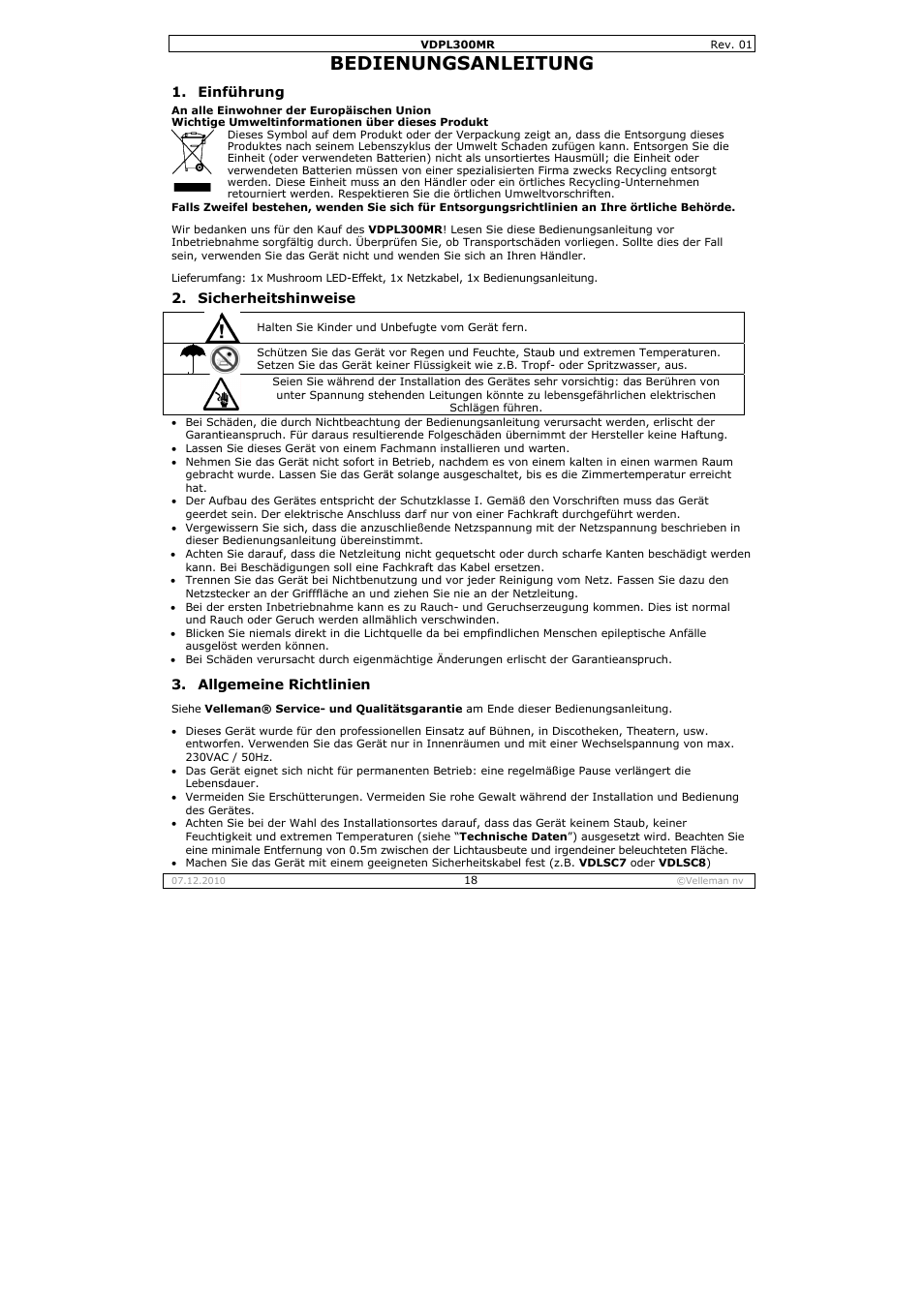 Bedie, Enungs, Anleitu | Velleman VDPL300MR User Manual | Page 18 / 23