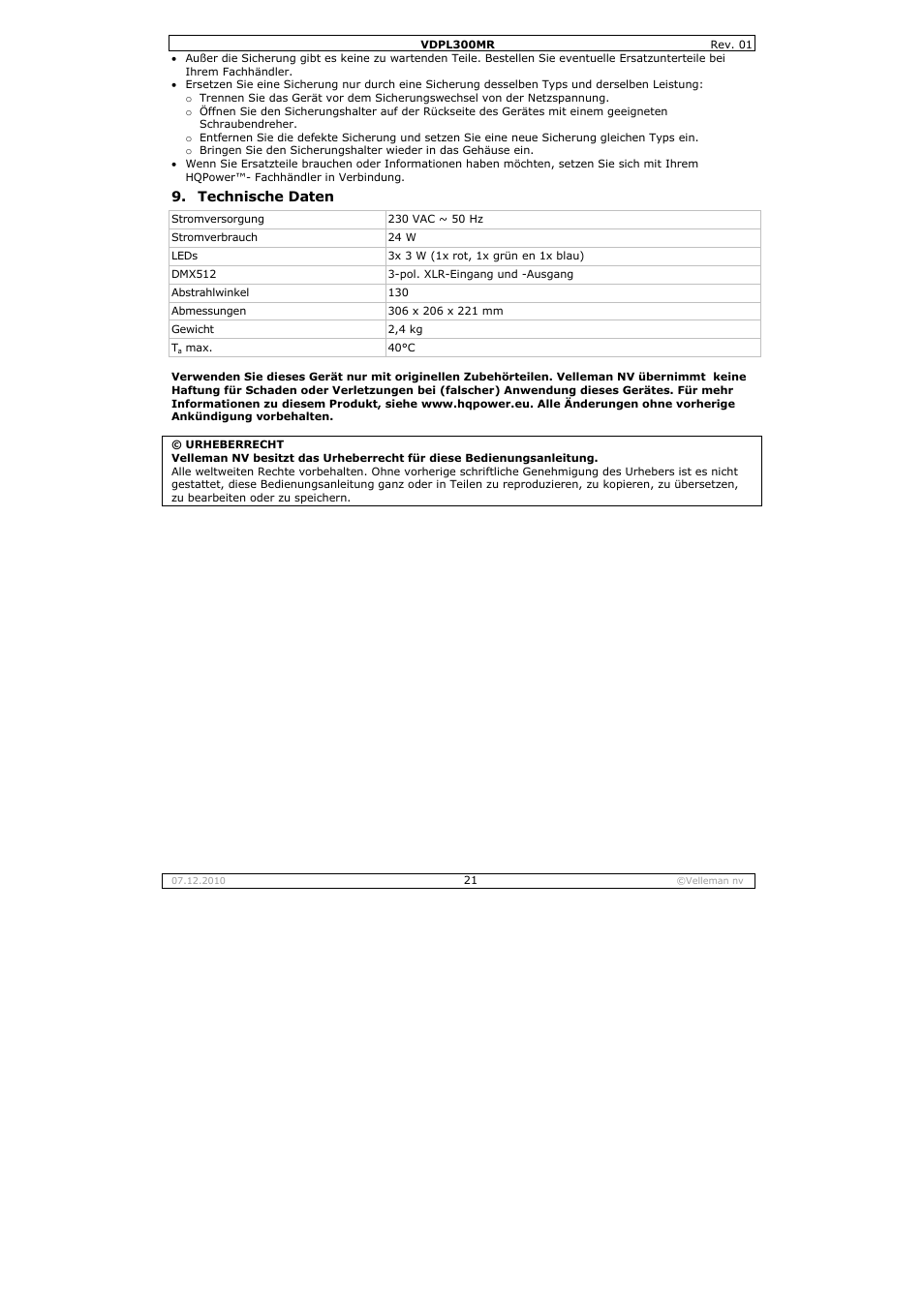 Velleman VDPL300MR User Manual | Page 21 / 23