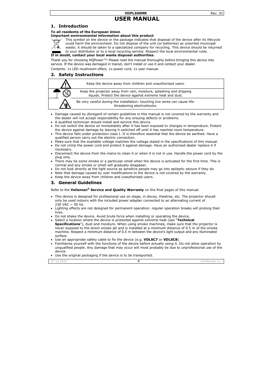 User ma, Anual | Velleman VDPL300MR User Manual | Page 4 / 23