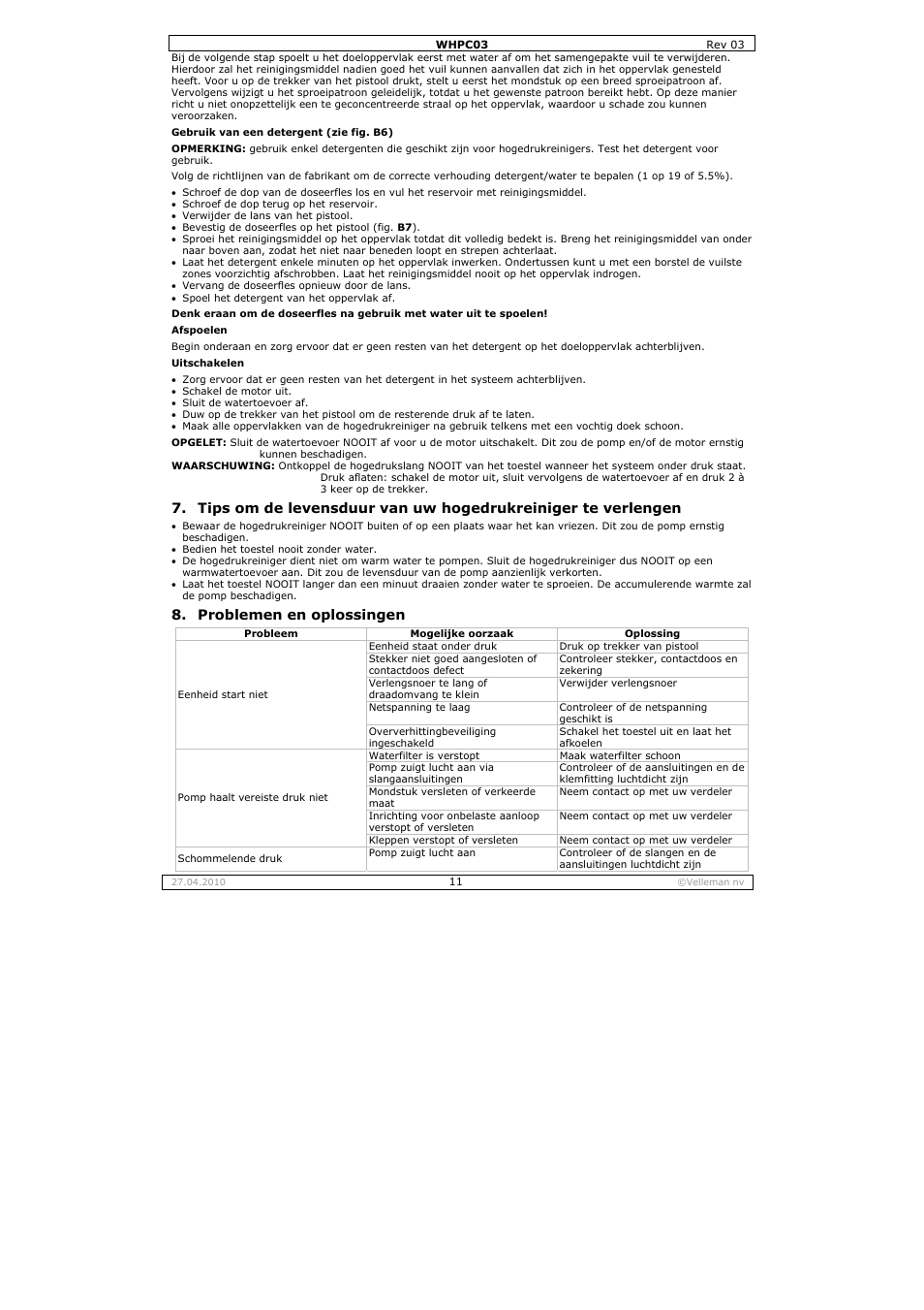 Problemen en oplossingen | Velleman WHPC03 User Manual | Page 11 / 35