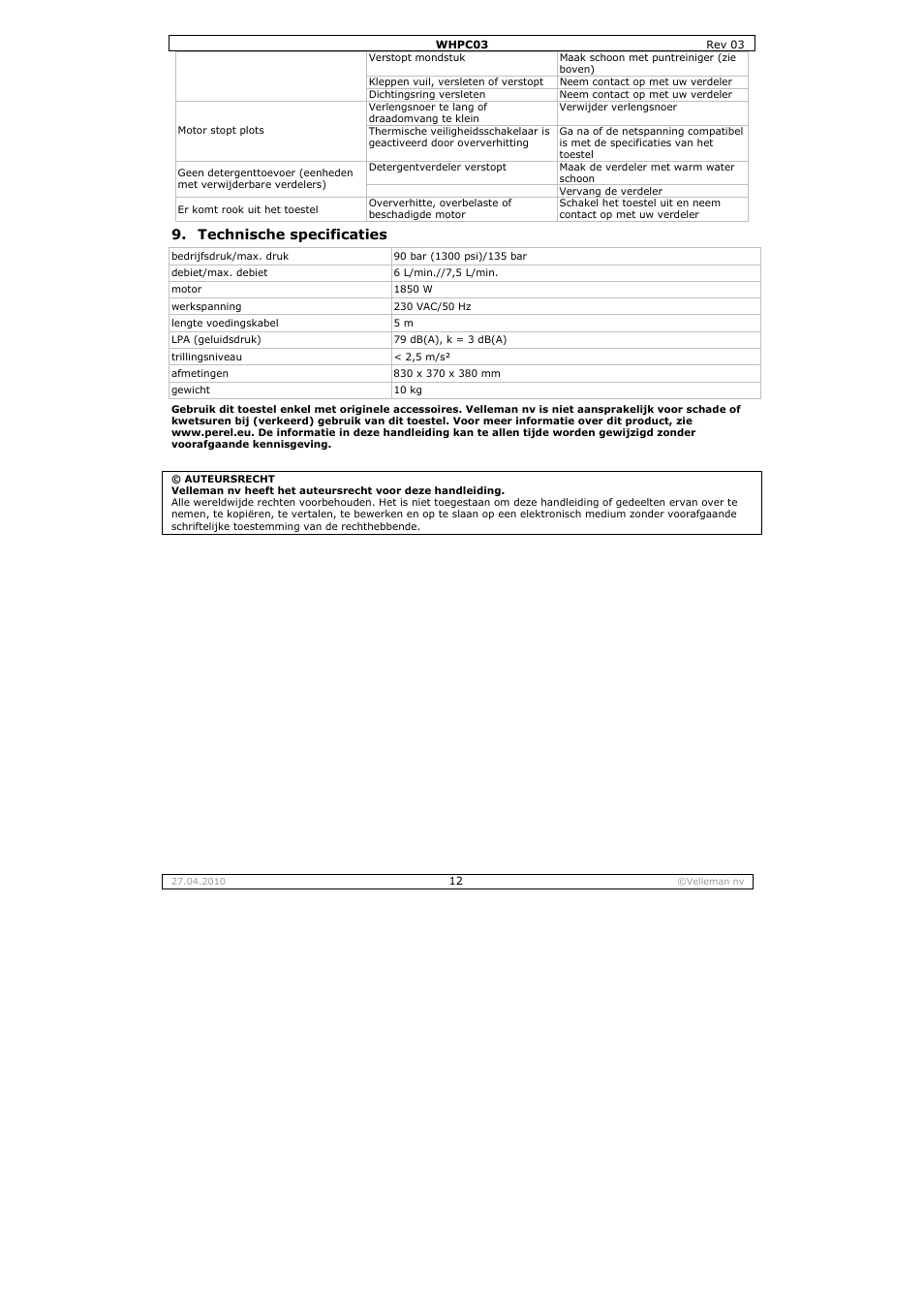Technische specificaties | Velleman WHPC03 User Manual | Page 12 / 35