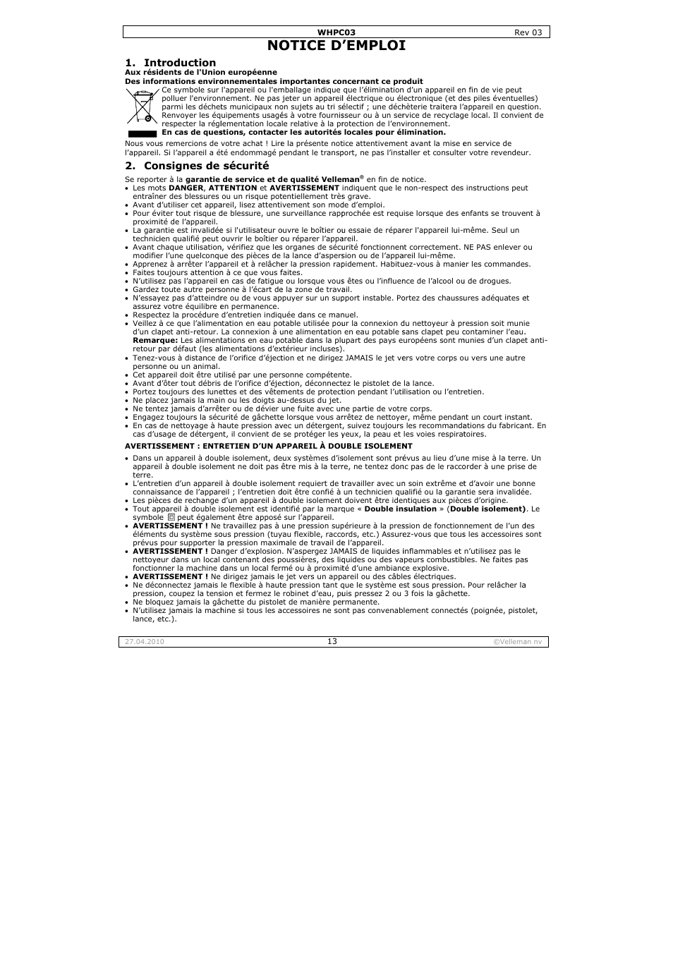Otice d, Emploi, Troduction | Nsignes de, Sécurité | Velleman WHPC03 User Manual | Page 13 / 35