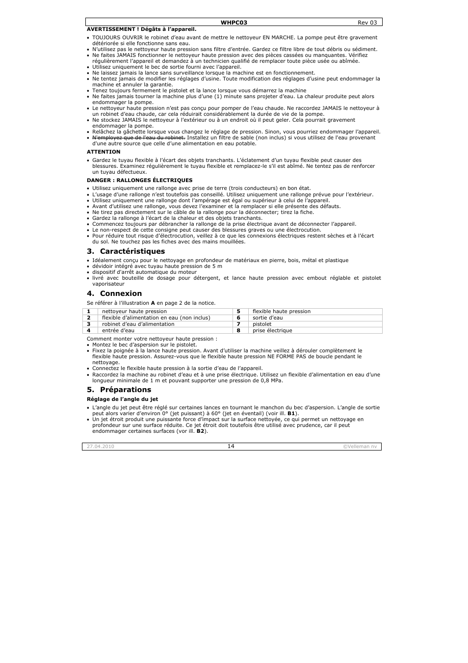 Caractéristiques, Connexion, Préparations | Velleman WHPC03 User Manual | Page 14 / 35