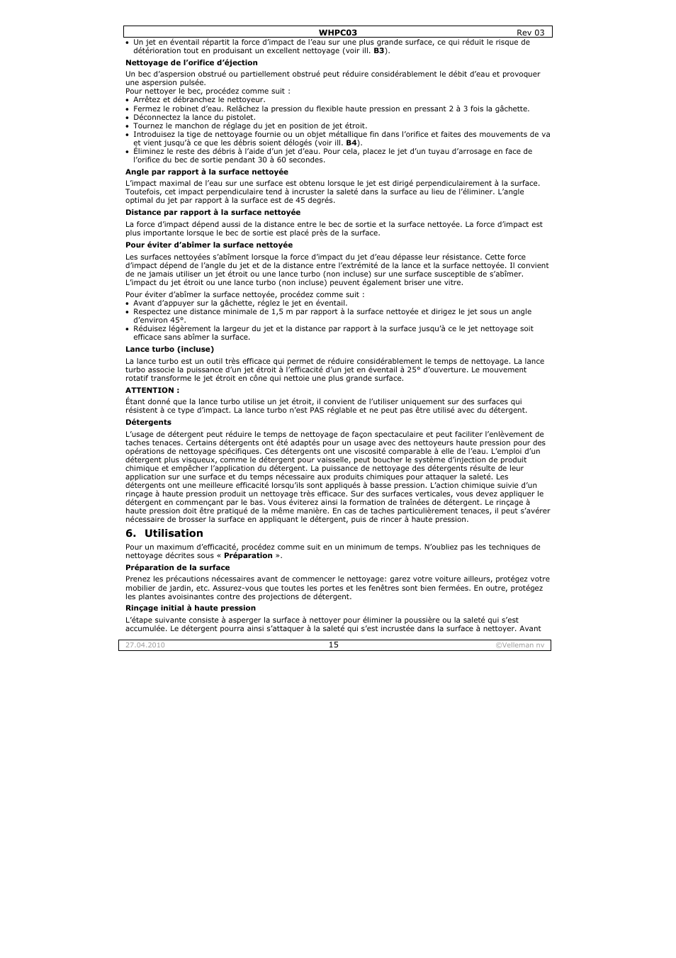 Utilisation | Velleman WHPC03 User Manual | Page 15 / 35