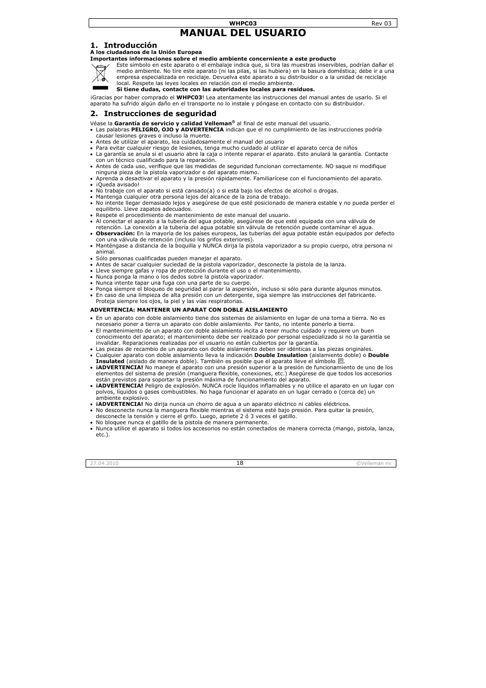 Nual del, L usuar, Troducción | Strucciones, S de segurid | Velleman WHPC03 User Manual | Page 18 / 35