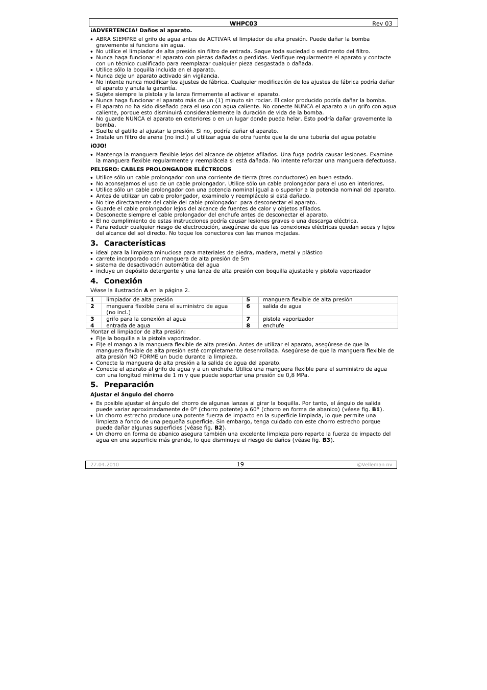 Características, Conexión, Preparación | Velleman WHPC03 User Manual | Page 19 / 35