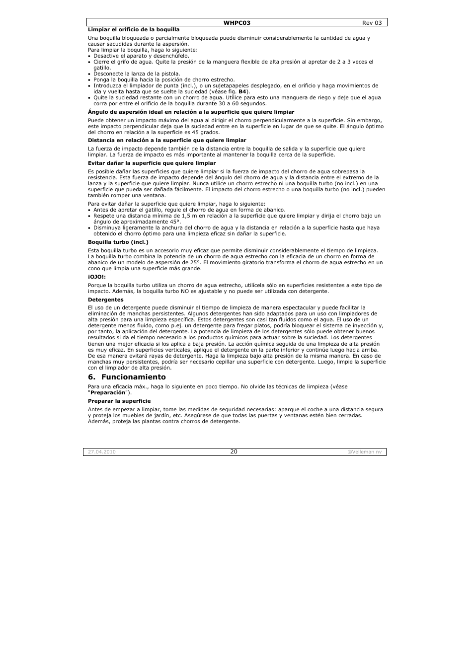 Funcionamiento | Velleman WHPC03 User Manual | Page 20 / 35