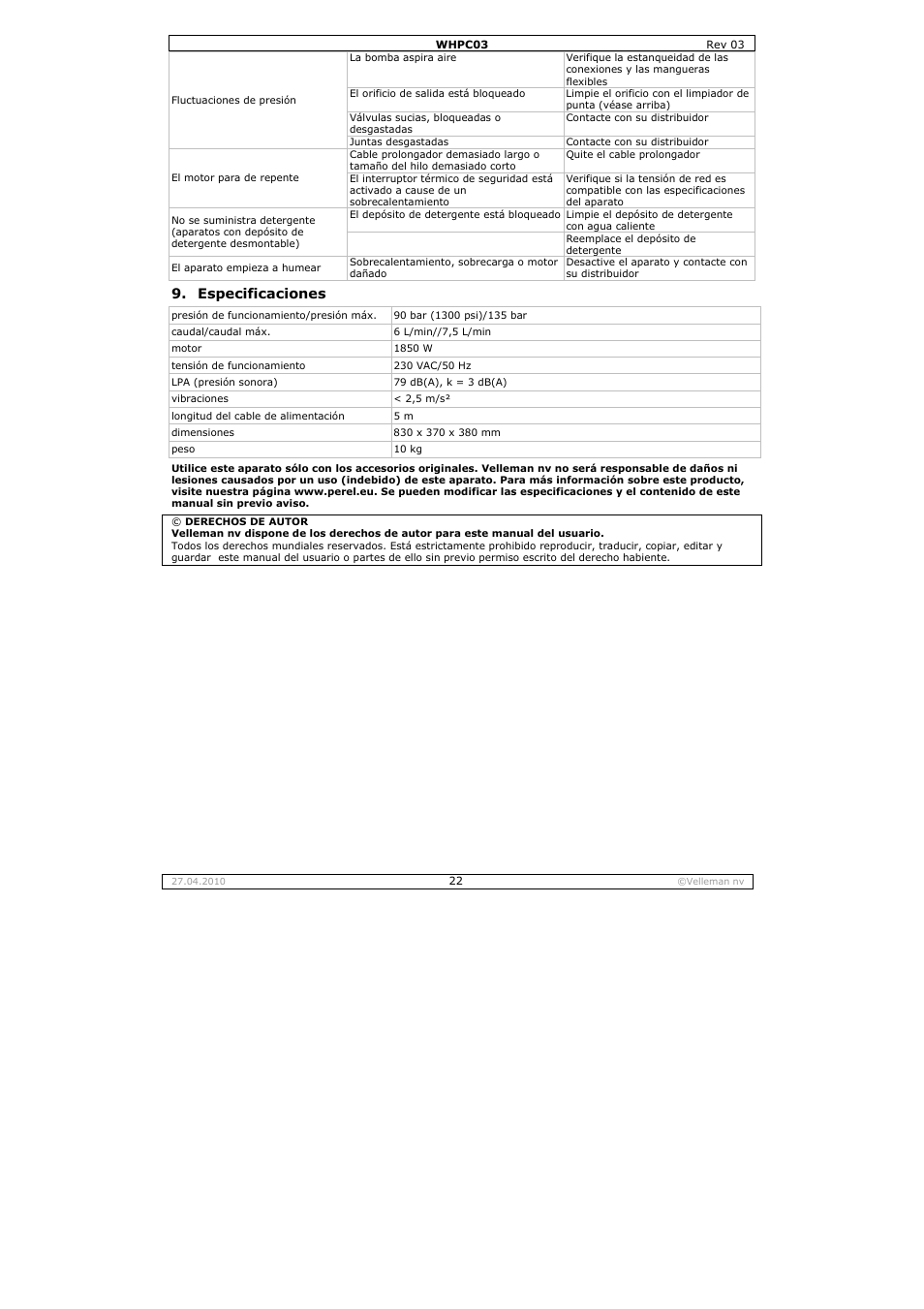 Especificaciones | Velleman WHPC03 User Manual | Page 22 / 35