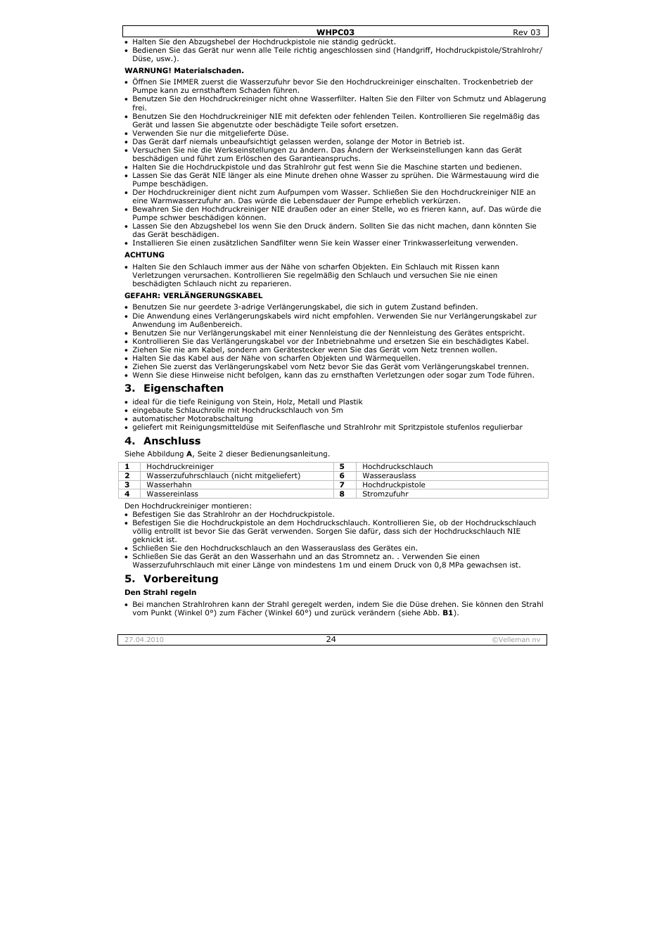 Eigenschaften, Anschluss, Vorbereitung | Velleman WHPC03 User Manual | Page 24 / 35