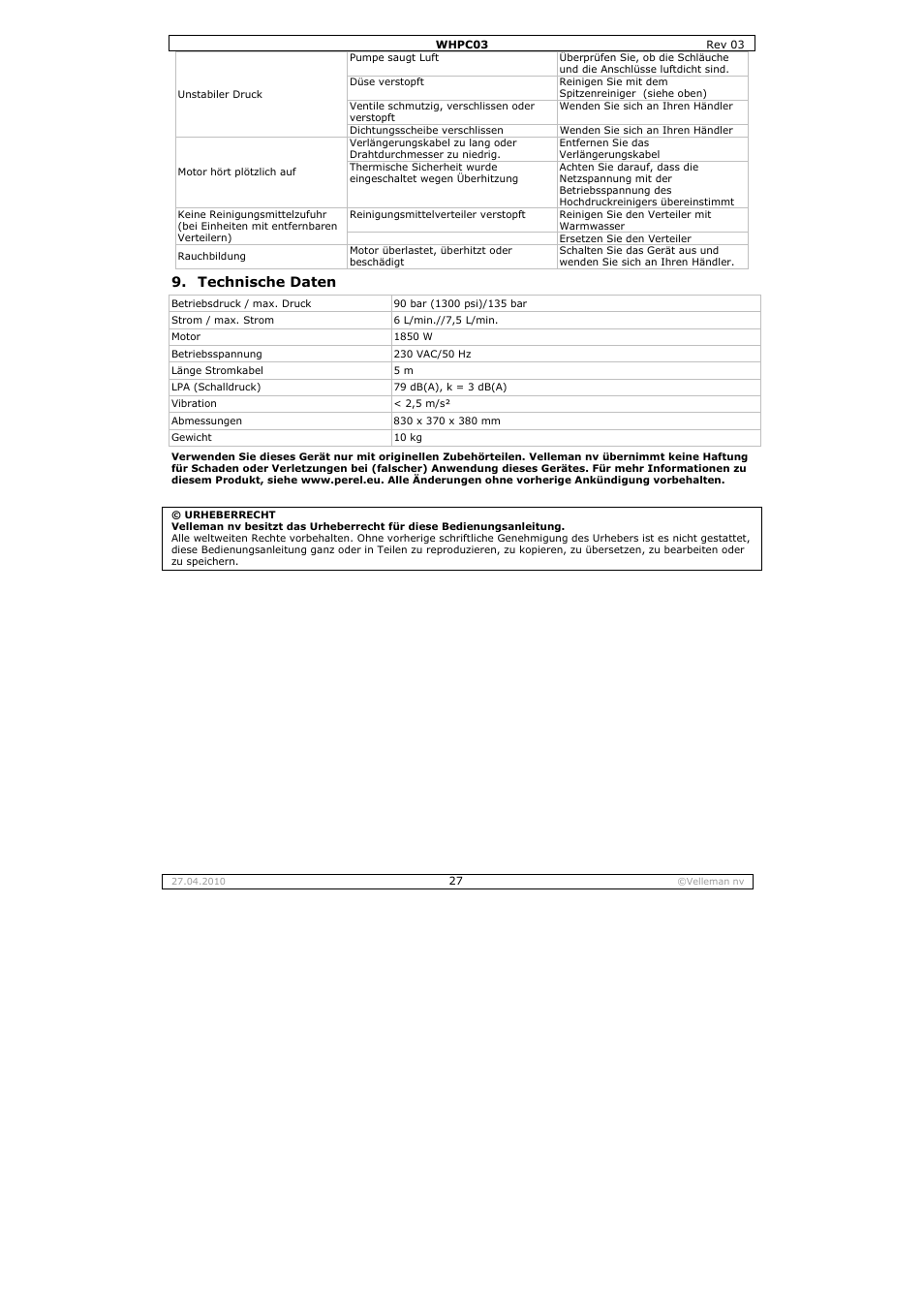 Technische daten | Velleman WHPC03 User Manual | Page 27 / 35