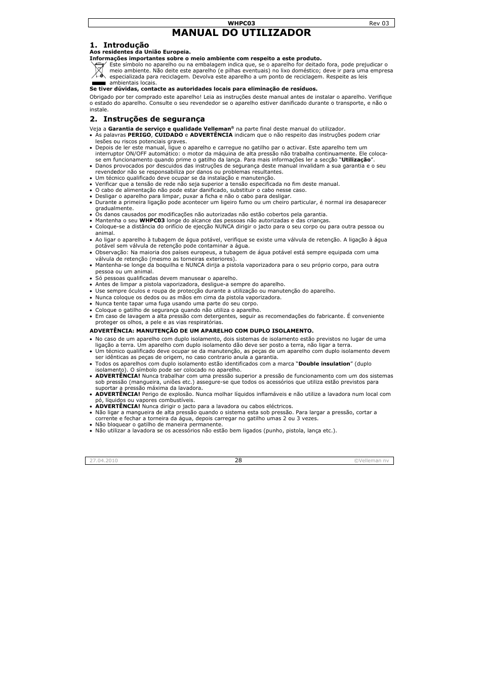 Manu, Ual do u, Utilizad | Trodução, Struções de, E segurança | Velleman WHPC03 User Manual | Page 28 / 35