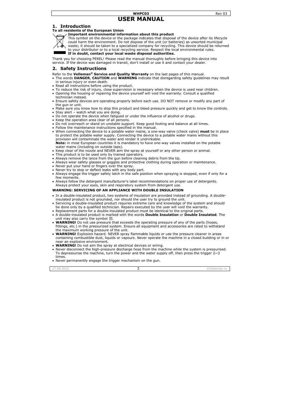 User ma, Anual | Velleman WHPC03 User Manual | Page 3 / 35