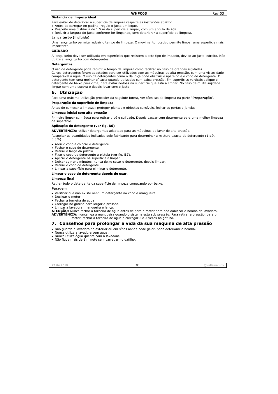 Utilização | Velleman WHPC03 User Manual | Page 30 / 35