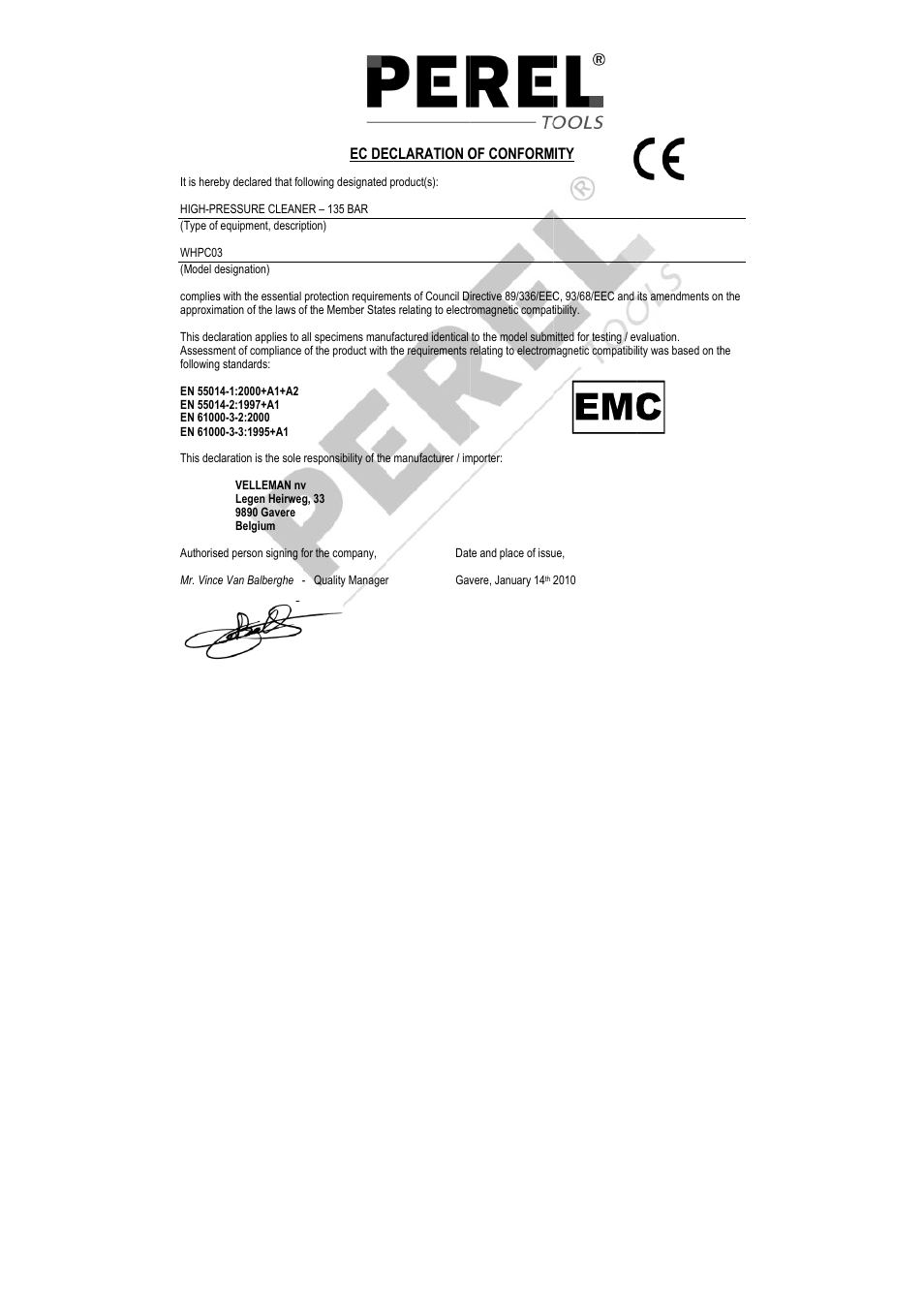 Ec de, Eclaration o, Of conform | Velleman WHPC03 User Manual | Page 34 / 35