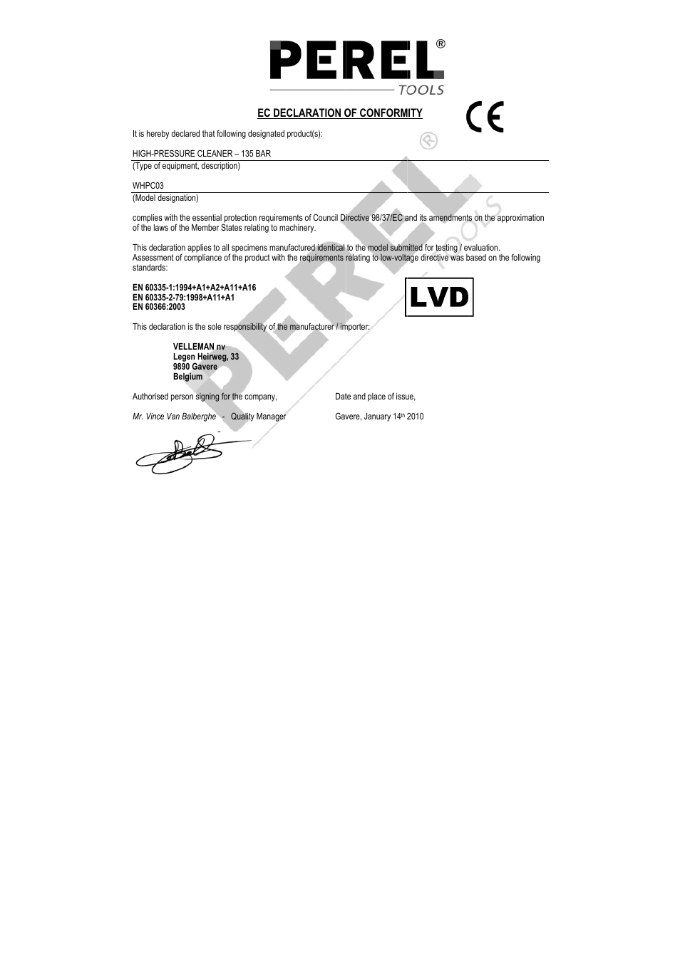 Ec de, Eclaration o, Of conform | Velleman WHPC03 User Manual | Page 35 / 35
