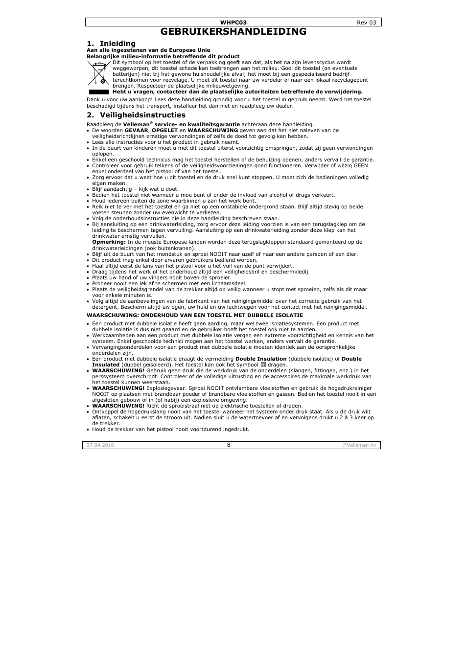 Gebru, Uikersha, Andleid | Ding, Eiding, Iligheidsins, Structies | Velleman WHPC03 User Manual | Page 8 / 35