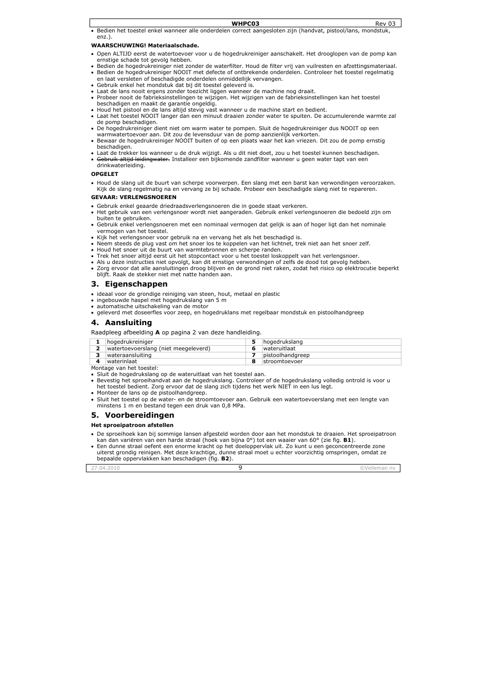 Eigenschappen, Aansluiting, Voorbereidingen | Velleman WHPC03 User Manual | Page 9 / 35