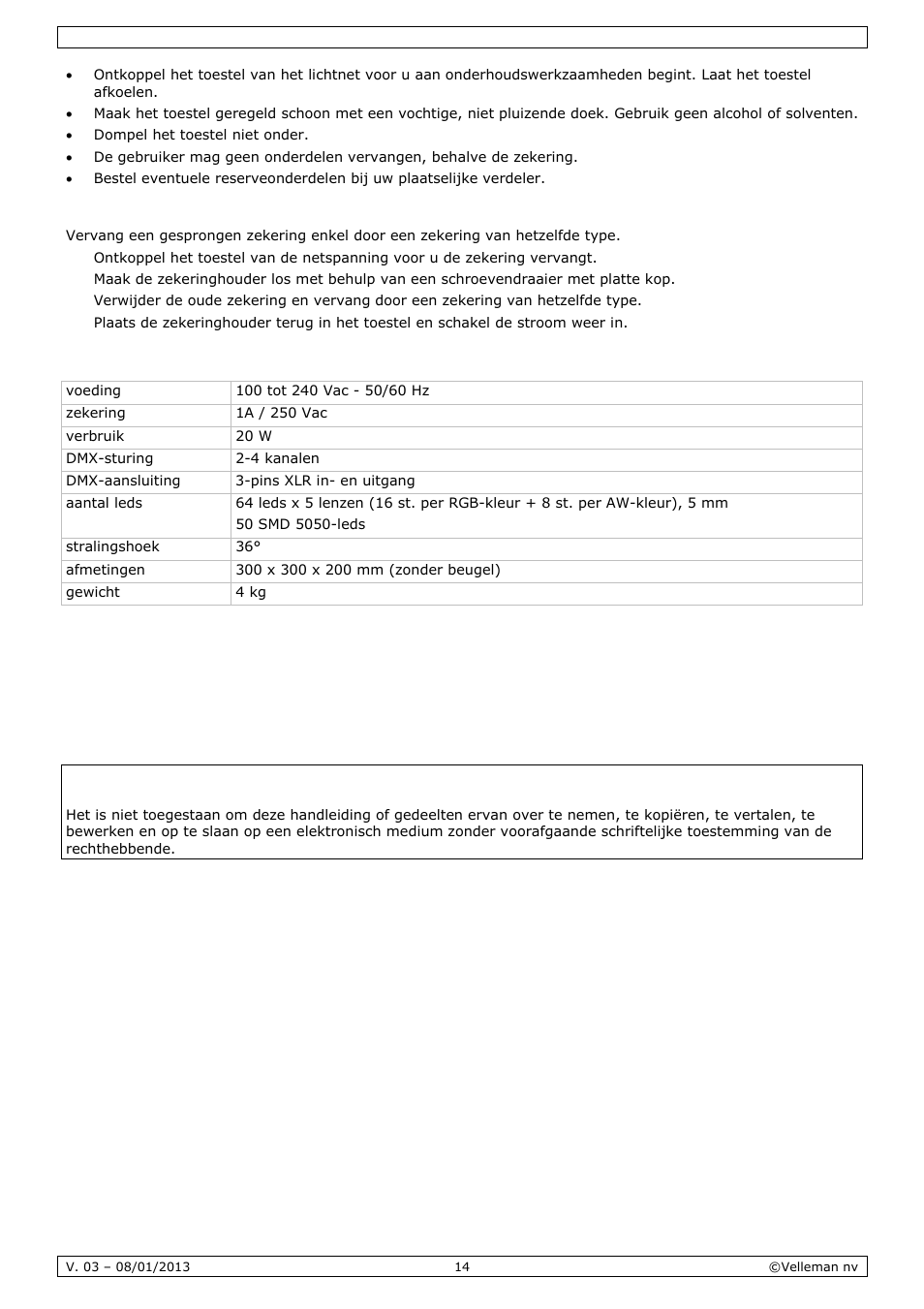 Technische specificaties | Velleman VDPL300SD User Manual | Page 14 / 34