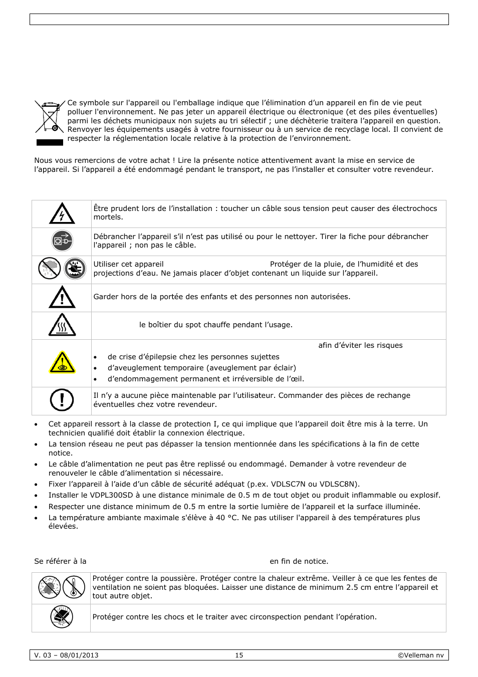 Mode d'emploi, Mode, E d’em | Mploi, Intro, Cons, Direc, Oduction, Signes de, Ctives gé | Velleman VDPL300SD User Manual | Page 15 / 34