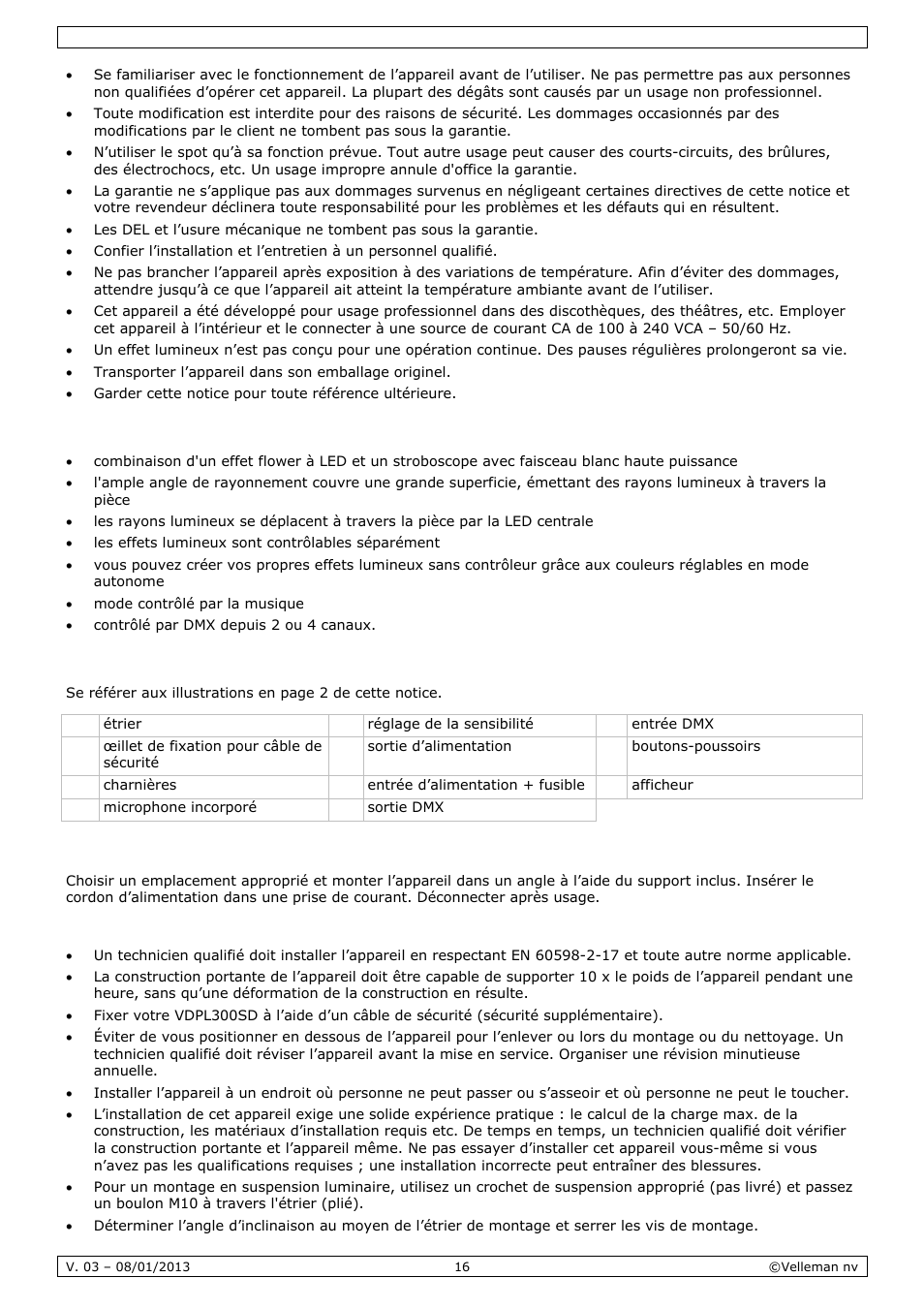 Caractéristiques, Description, Installation | Velleman VDPL300SD User Manual | Page 16 / 34